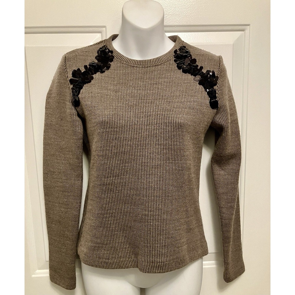 ERMANNA Women's Sweater Tan Brown Knit Black Sequin Top 36 Small S‎